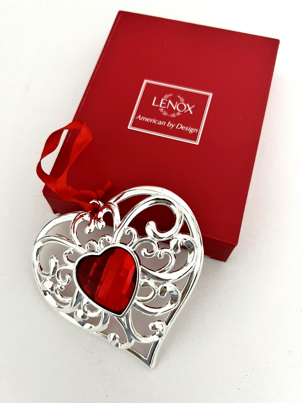 Vintage Beautiful Silver & Red Lenox Bejeweled Heart Ornament w/ Original Box